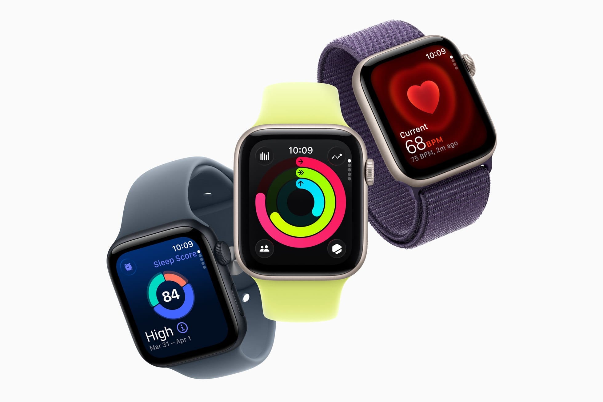 Three Apple Watch SE 3 watches showing sleep score, Activity rings and heart rate