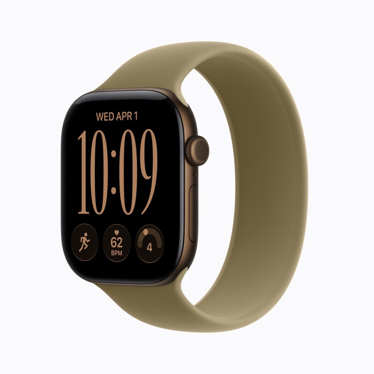 Apple Watch Series 12 in dark bronze aluminum with an olive Sport Band