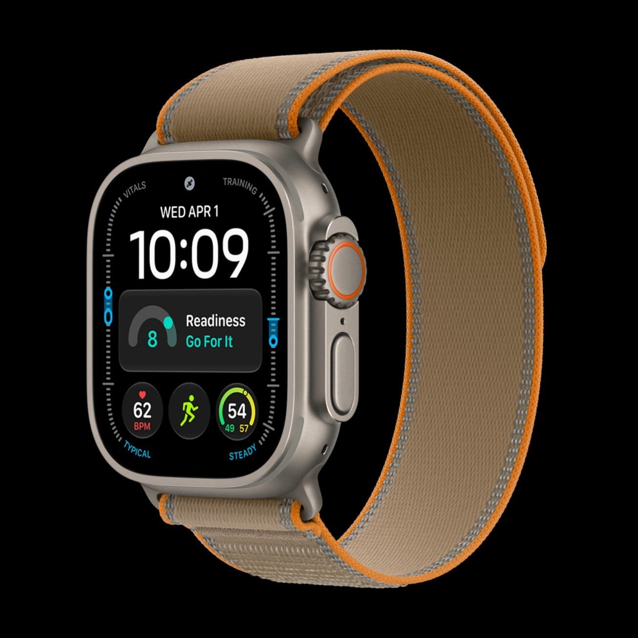 Apple Watch Ultra 4 in natural titanium with a sand Trail Loop showing a Go For It readiness complication