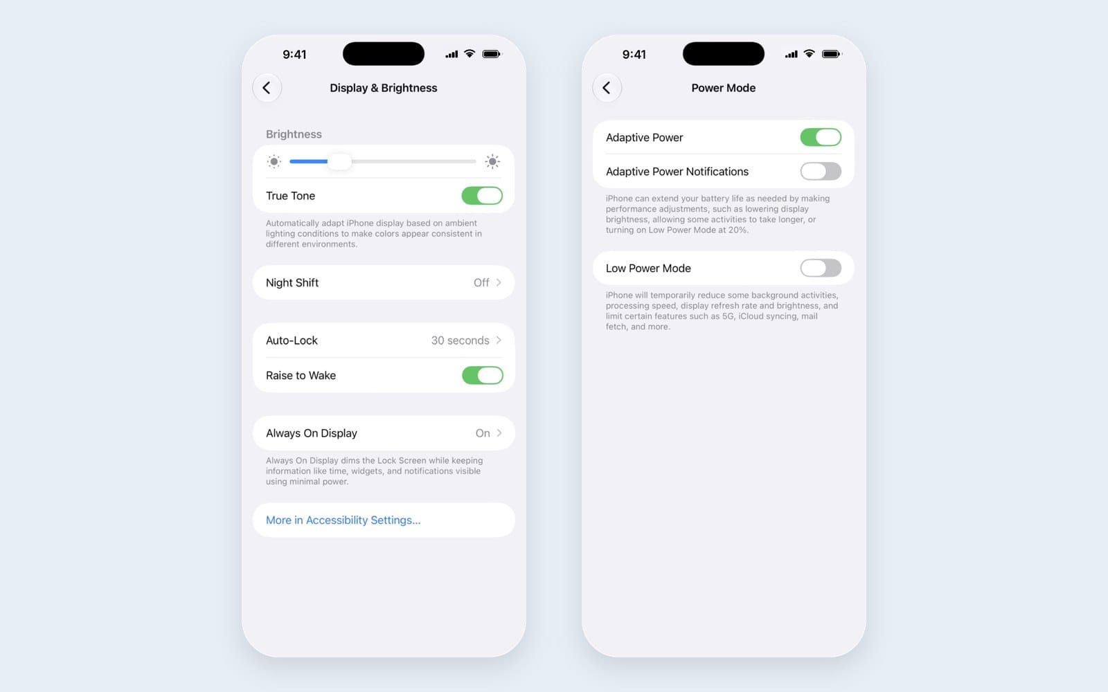 iPhone Display and Brightness settings and the Power Mode page with Adaptive Power and Low Power Mode