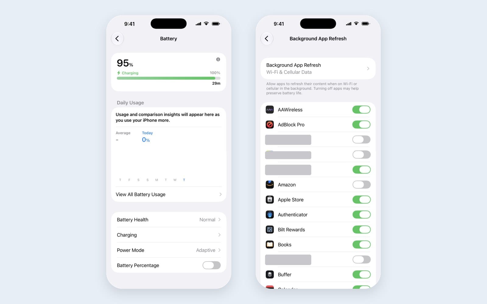 iPhone Battery page with Daily Usage, and the Background App Refresh list of apps