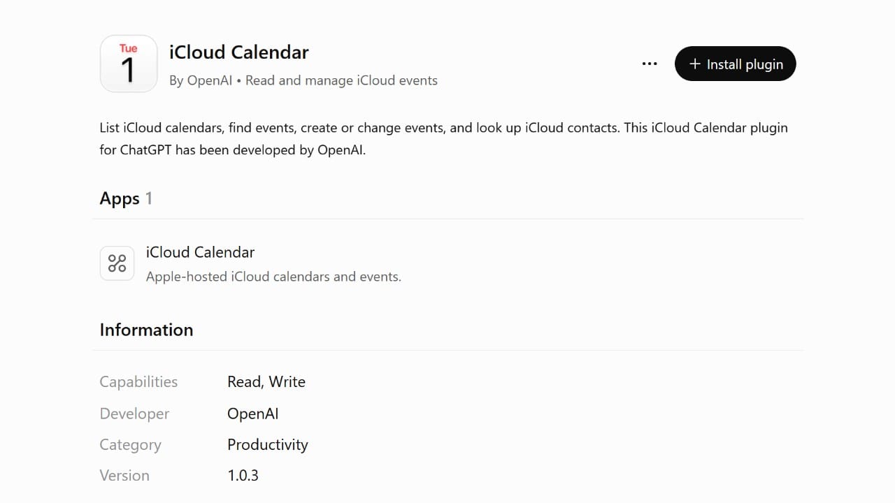 OpenAI's iCloud Calendar plugin listing in ChatGPT, showing Read and Write capabilities