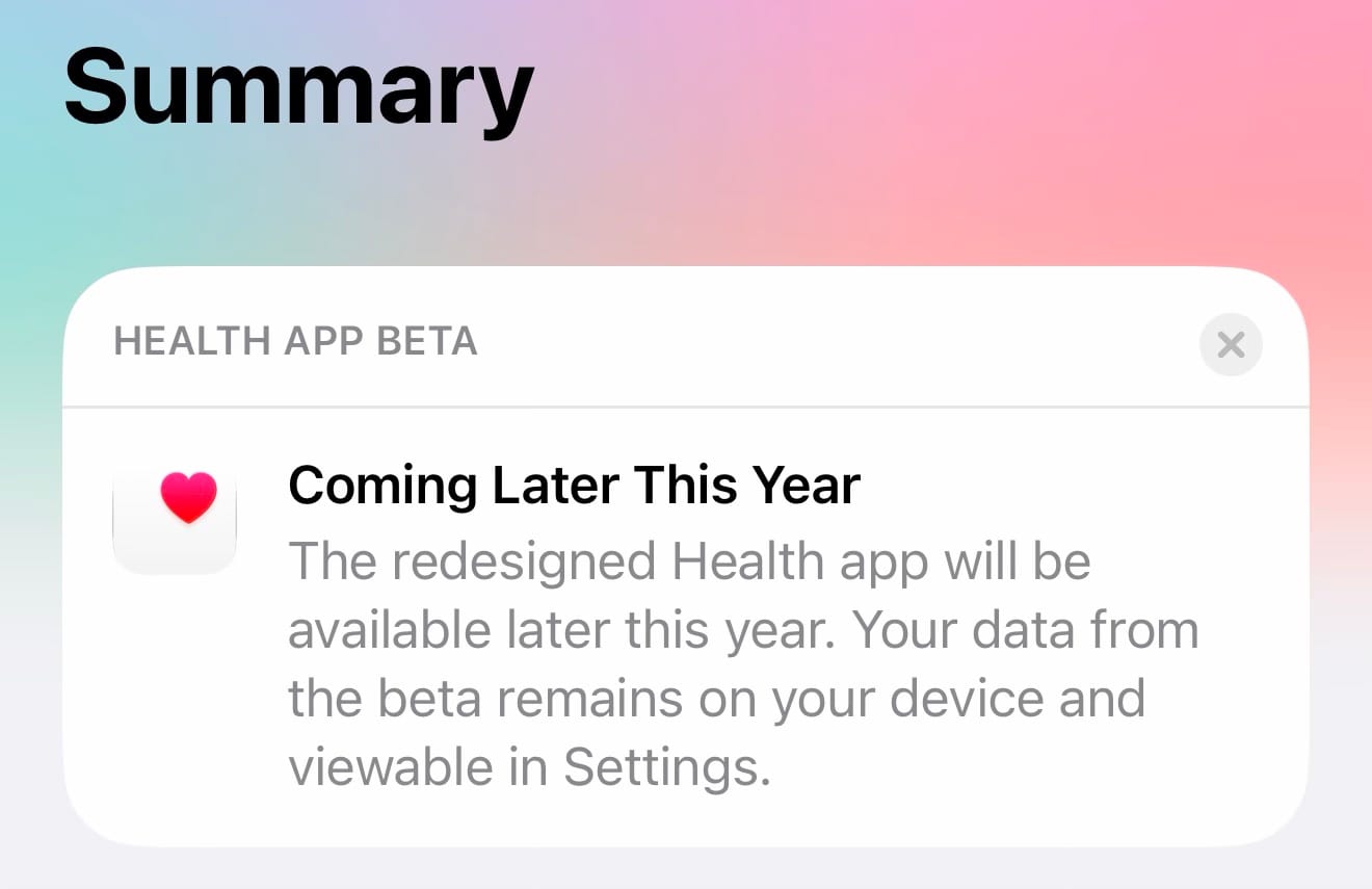 Health app notice in iOS 27.2 beta 4 reading Coming Later This Year, with beta data kept on device and viewable in Settings