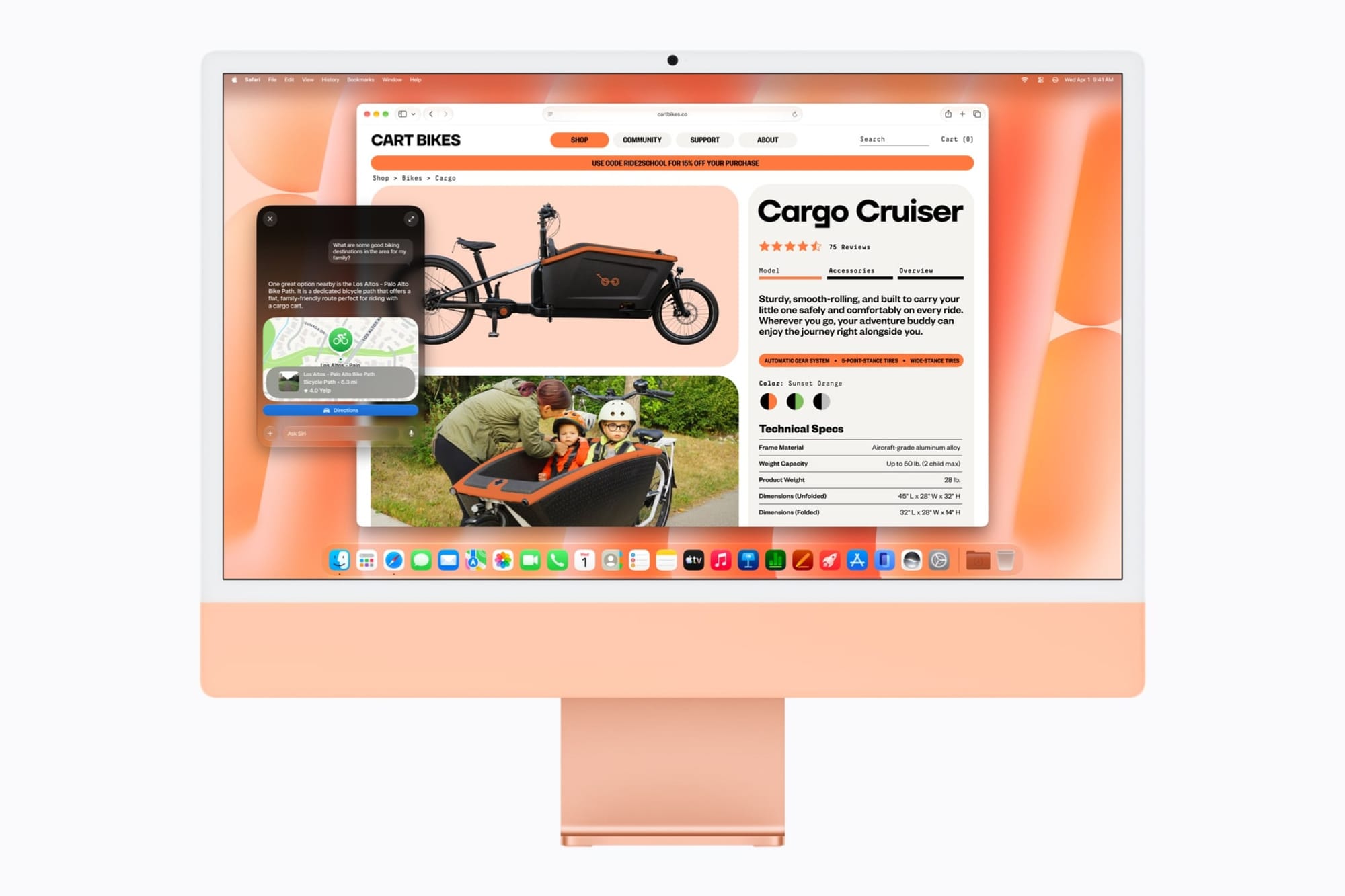 iMac with M6 in orange showing Siri AI answering a question about a product page in Safari