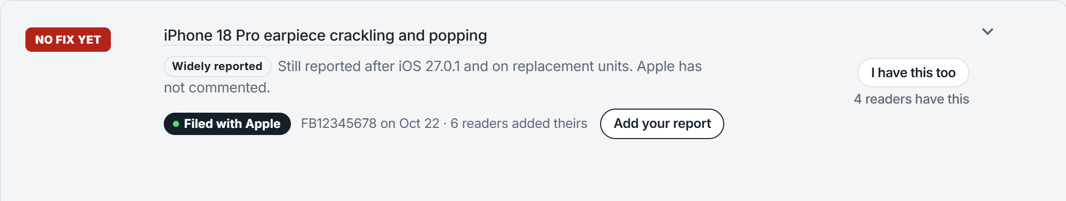 A problem card showing a Filed with Apple badge with a report number and an Add your report button