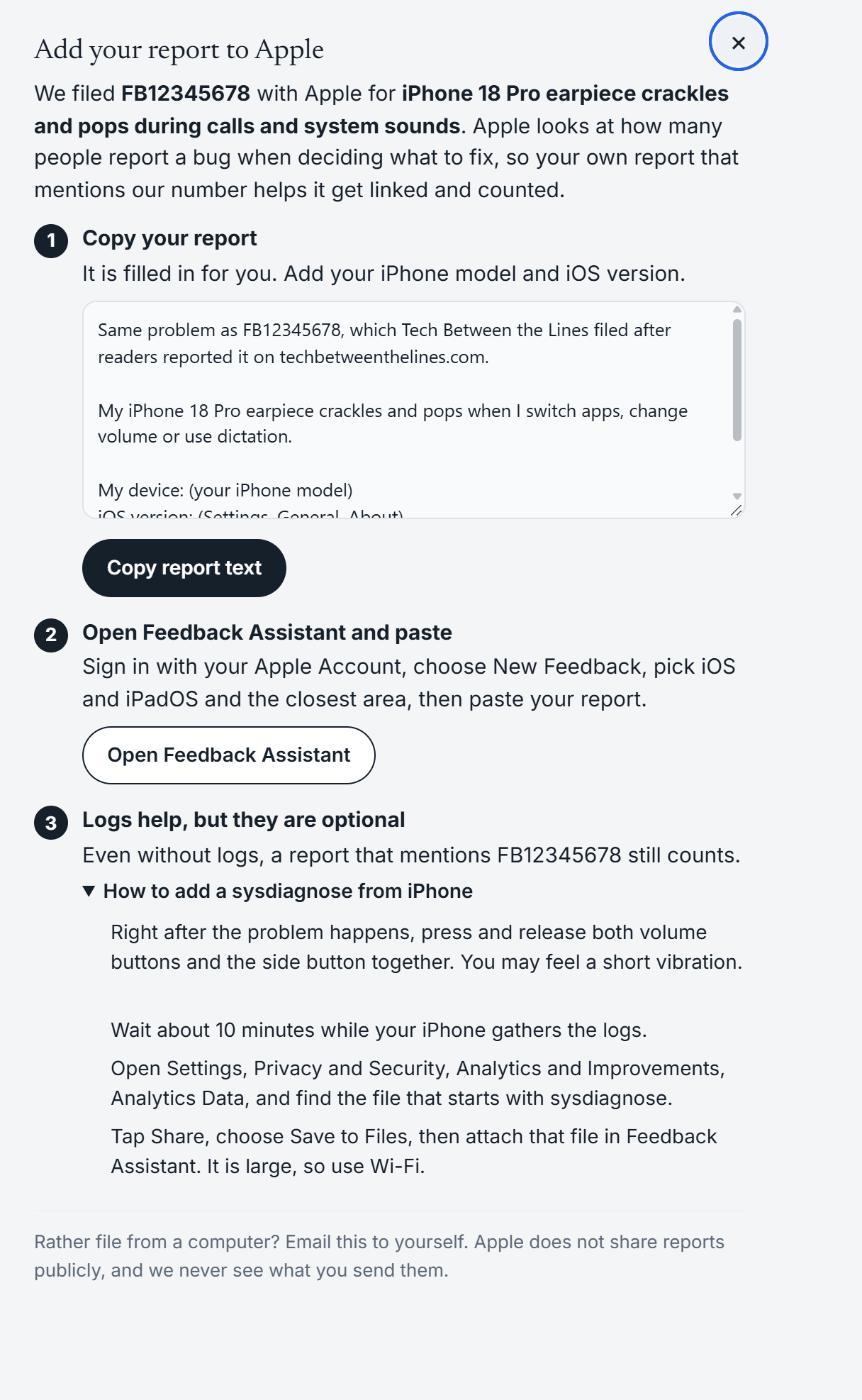 The Add your report to Apple guide with a prefilled report, a button to open Feedback Assistant, and steps for adding a sysdiagnose