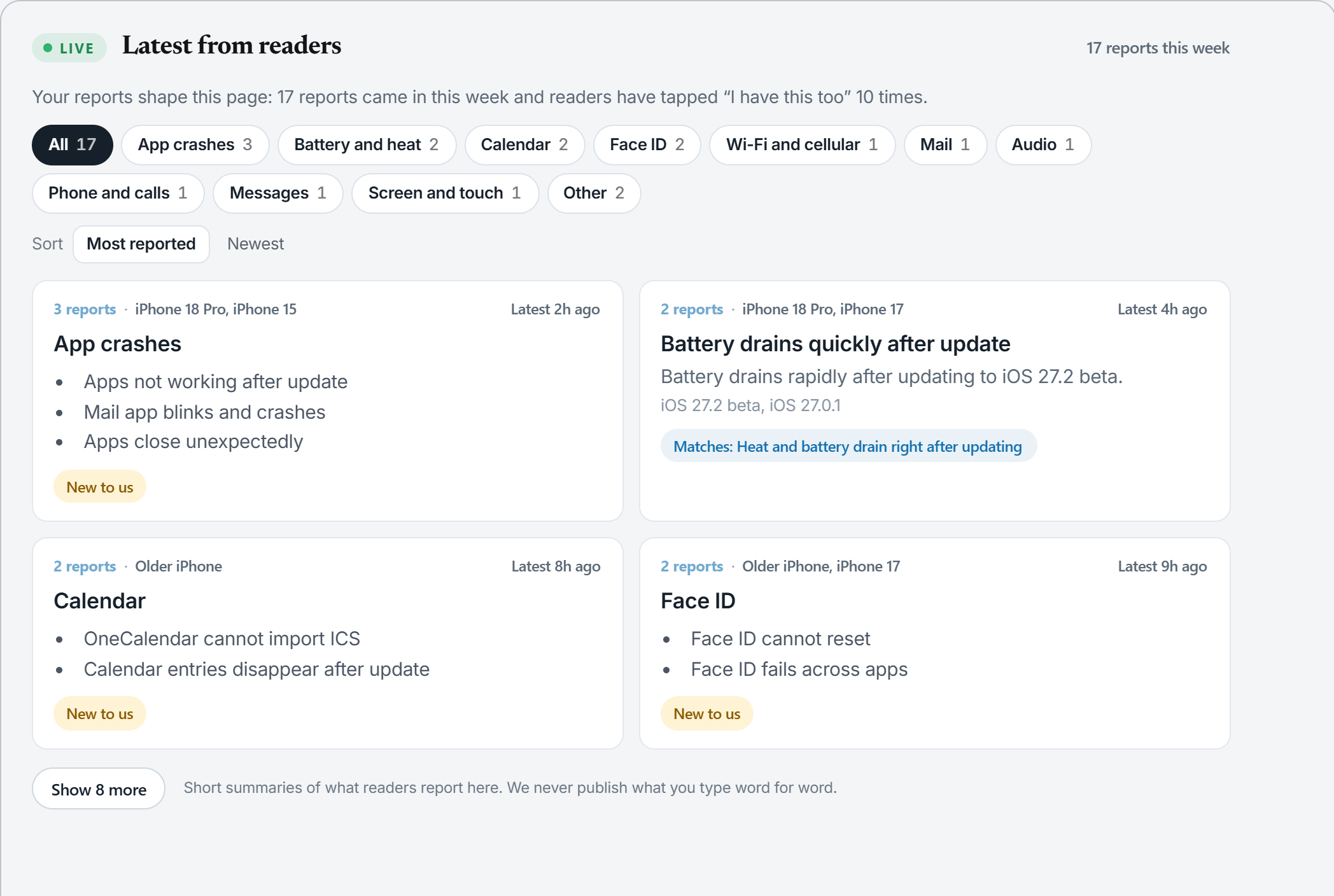 The Latest from readers feed with area filters, sort options and grouped report cards