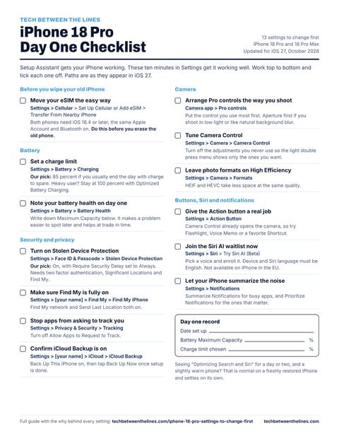 Preview of the one page iPhone 18 Pro Day One Checklist