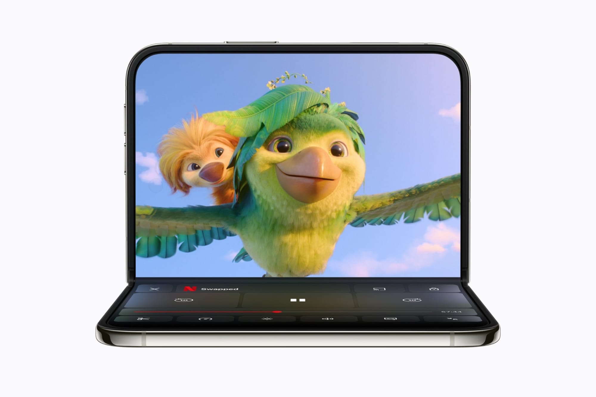 Netflix playing on a partly folded iPhone Duo