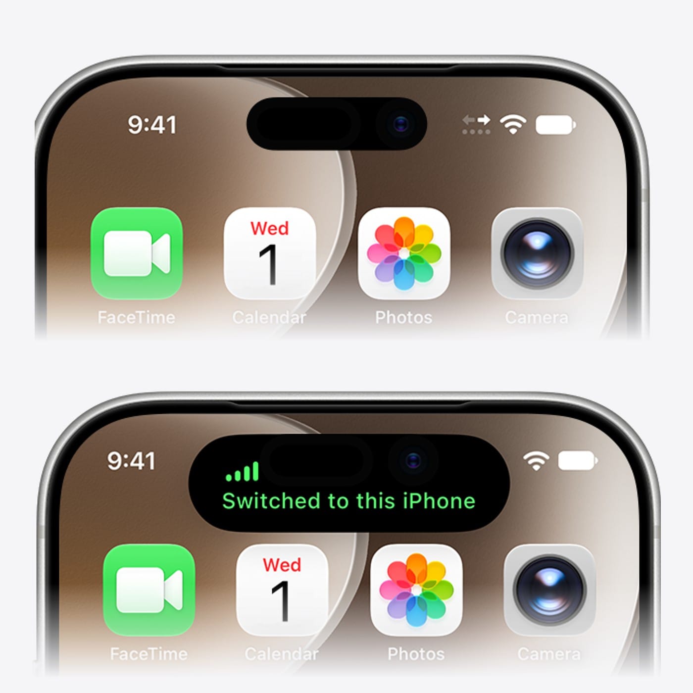 Two iPhones stacked. The top one shows a handoff arrow icon in the status bar, the bottom one shows Switched to this iPhone in the Dynamic Island