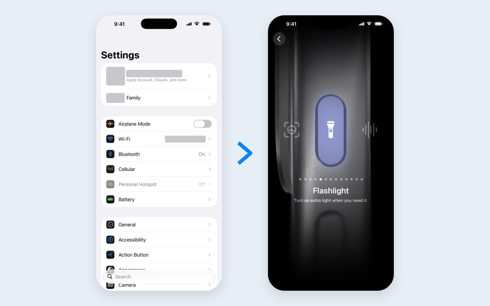 iPhone Settings with the Action Button row, and the Action Button picker set to Flashlight