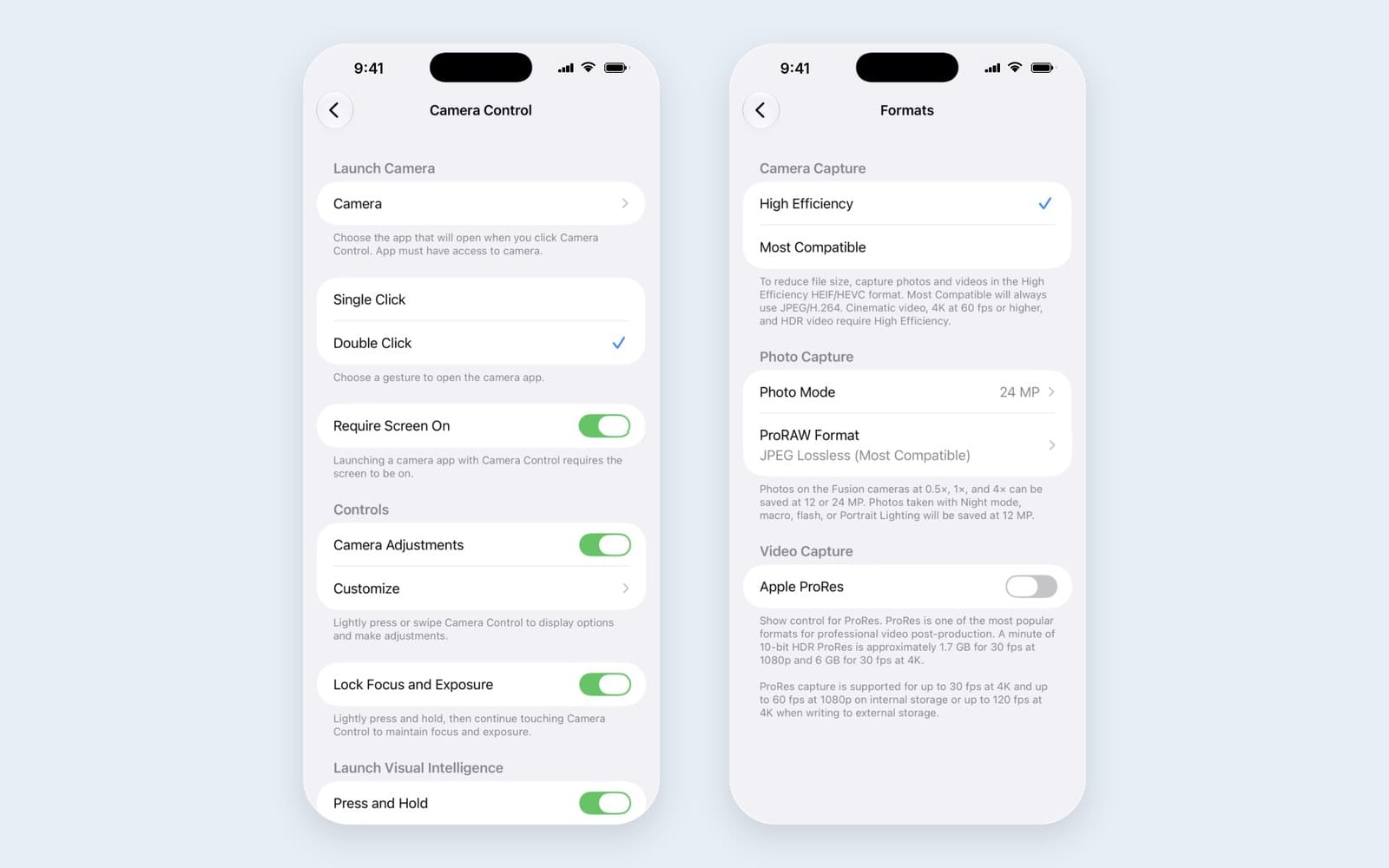 iPhone Camera Control settings and Camera Formats set to High Efficiency