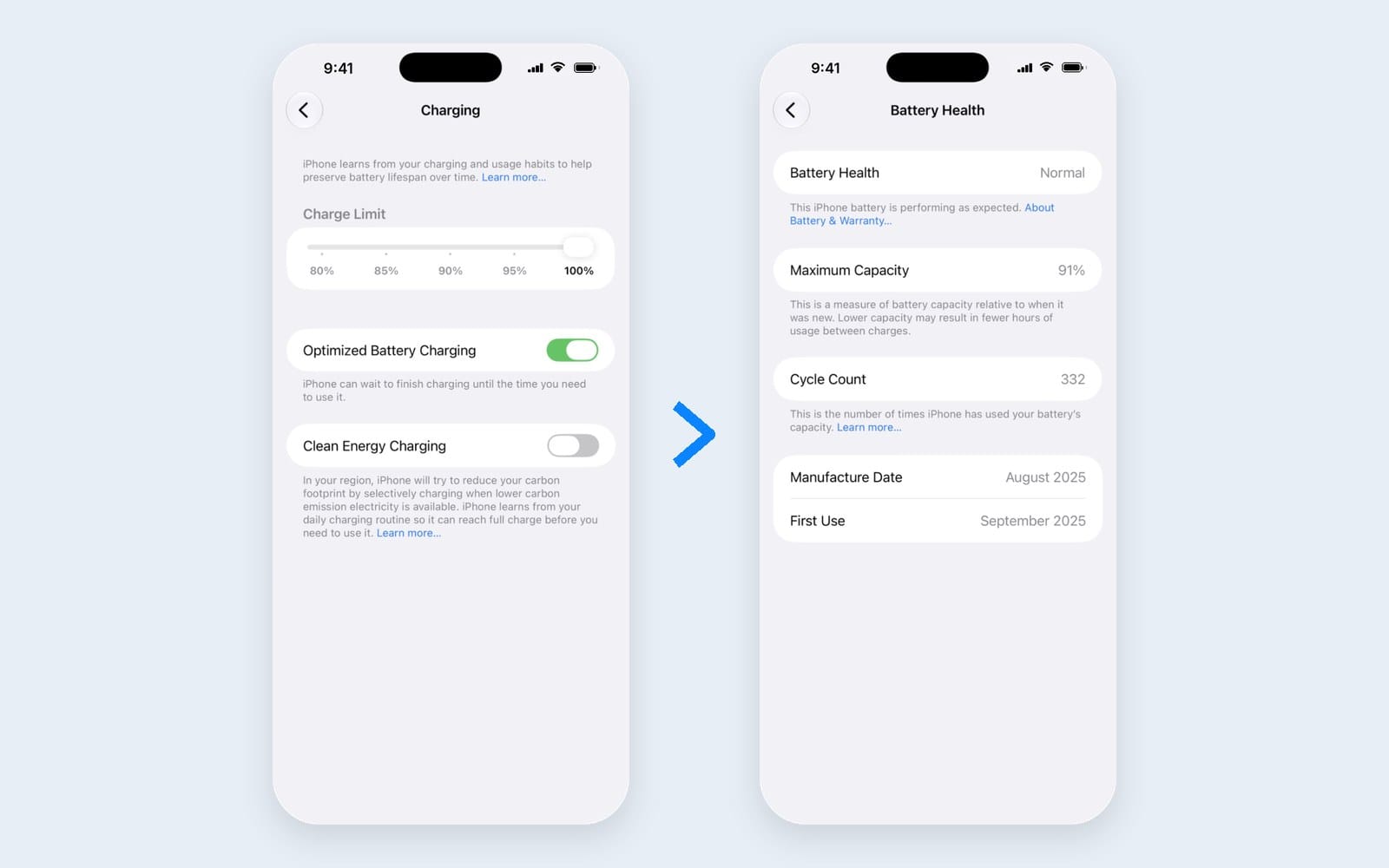 iPhone Charging settings with the Charge Limit slider, and the Battery Health page