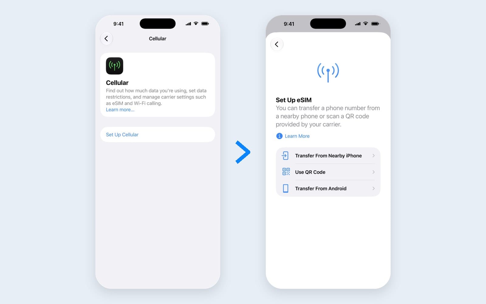 iPhone Cellular settings with Set Up Cellular, and the Set Up eSIM options including Transfer From Nearby iPhone