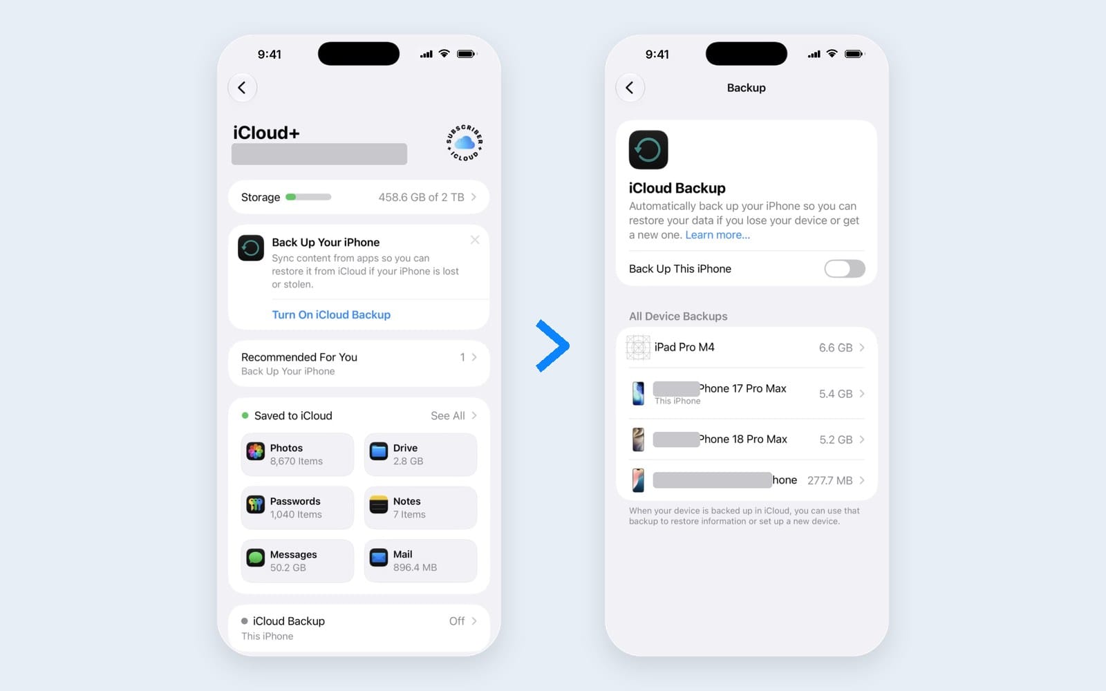 iPhone iCloud page recommending Back Up Your iPhone, and the iCloud Backup page