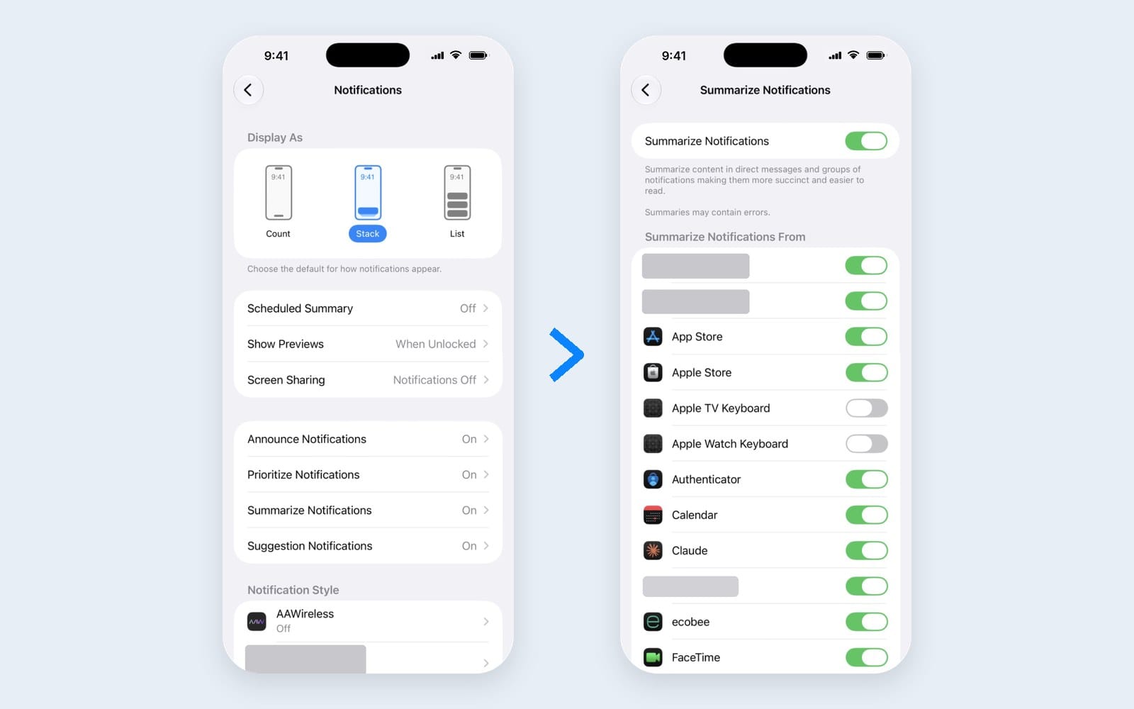 iPhone Notifications settings and the Summarize Notifications list