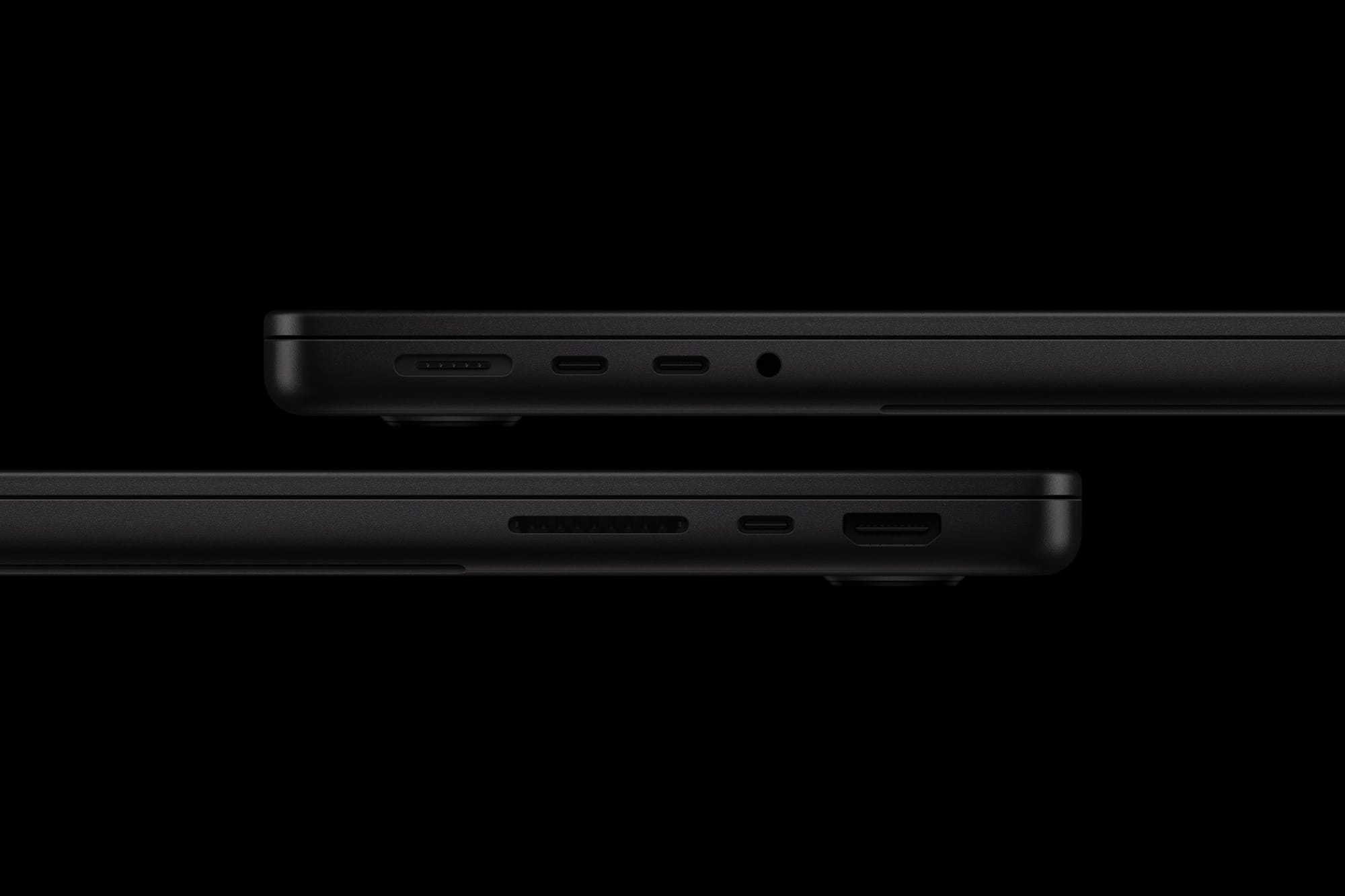 Both sides of the 14-inch MacBook Pro with M6 showing its ports
