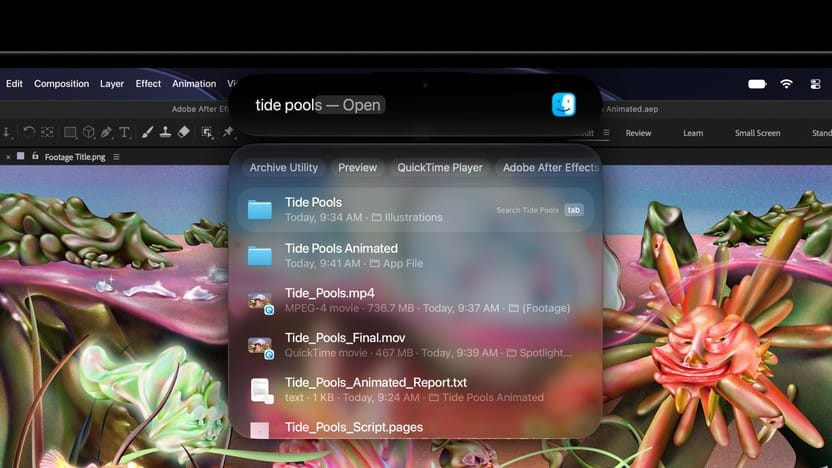 Spotlight results appearing in the Dynamic Island on the new MacBook Pro