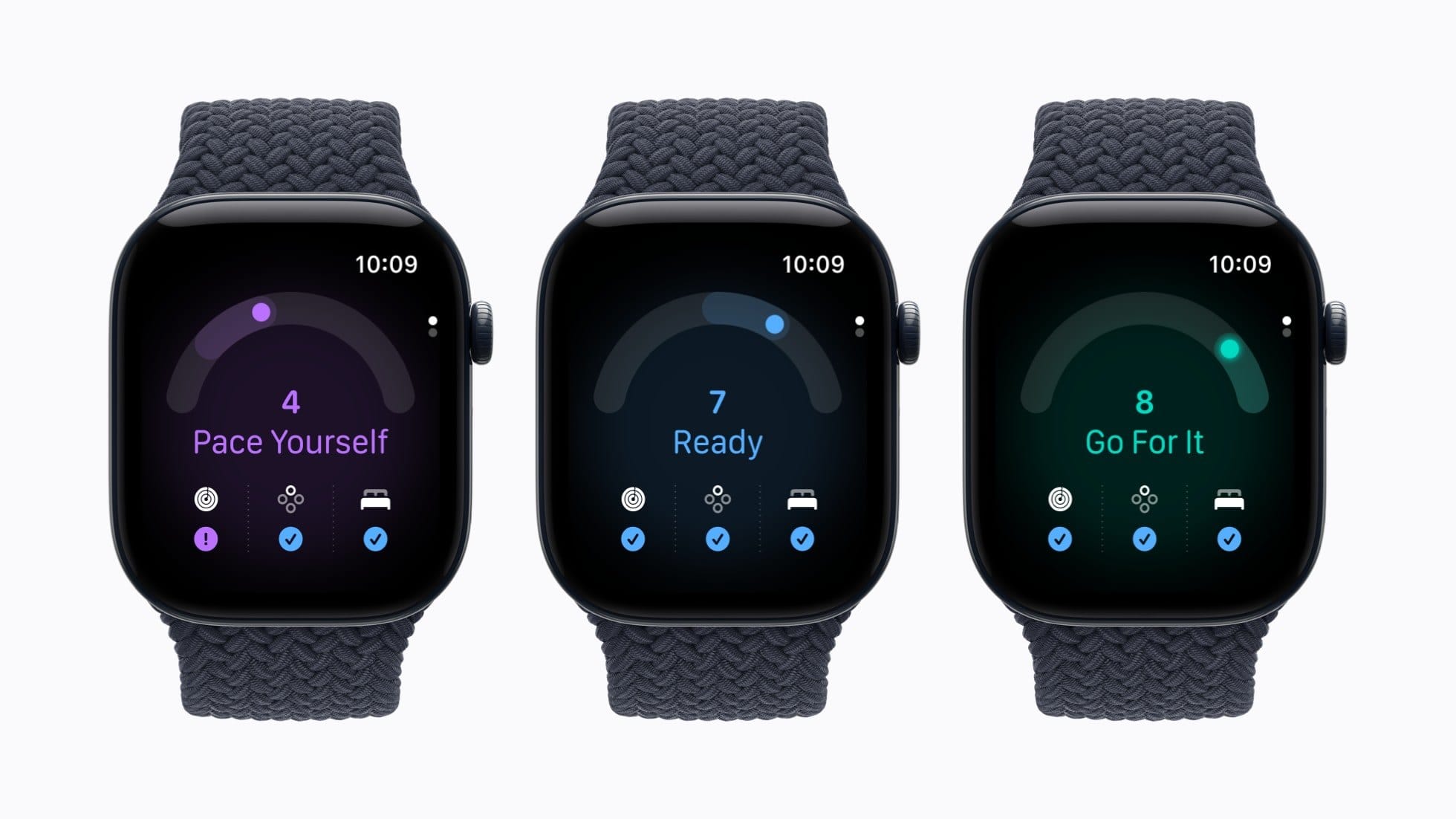 Three Apple Watch Series 12 devices showing readiness scores of Pace Yourself, Ready and Go For It