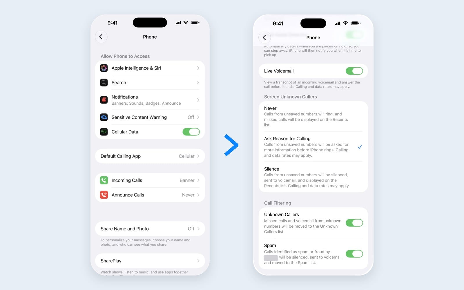 iPhone Settings showing Apps, Phone, and the Screen Unknown Callers options Never, Ask Reason for Calling and Silence