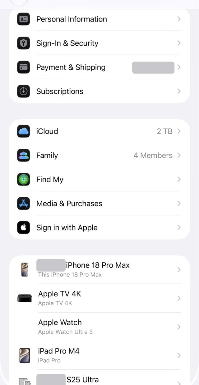 Apple Account page with device list in iOS 27
