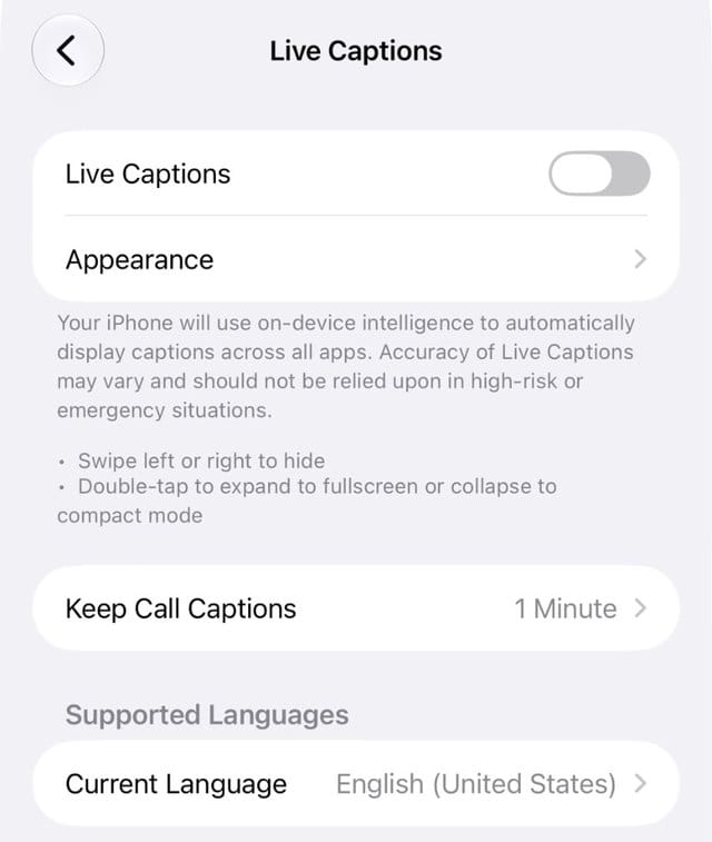 Live Captions settings in iOS 27