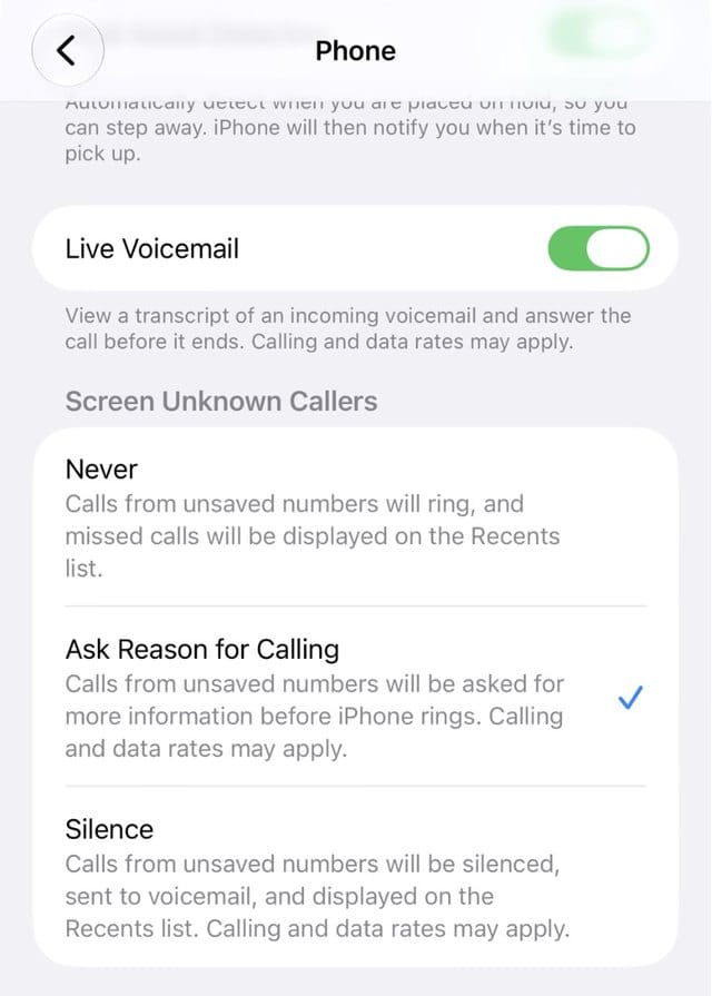 Phone settings with Screen Unknown Callers in iOS 27