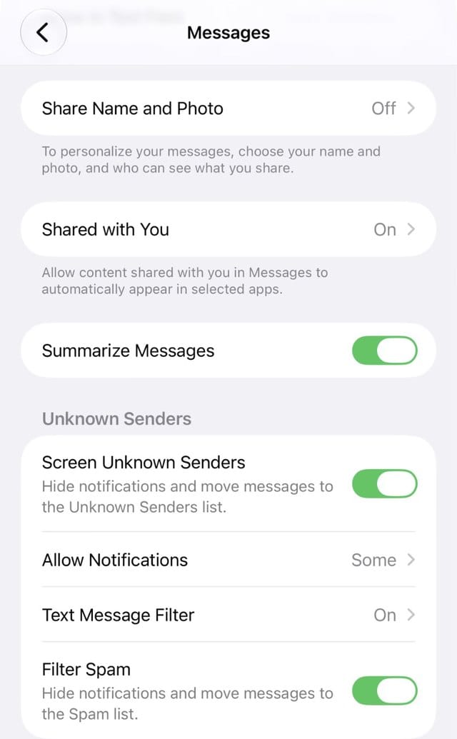 Messages settings with Screen Unknown Senders in iOS 27