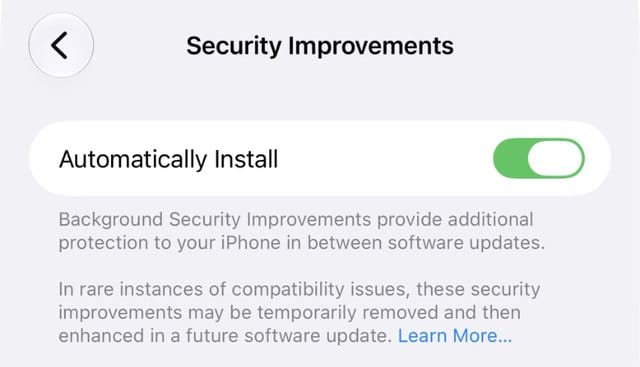 Security Improvements screen with Automatically Install in iOS 27