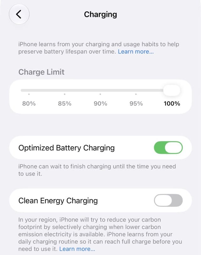 Battery Charging settings with Charge Limit in iOS 27