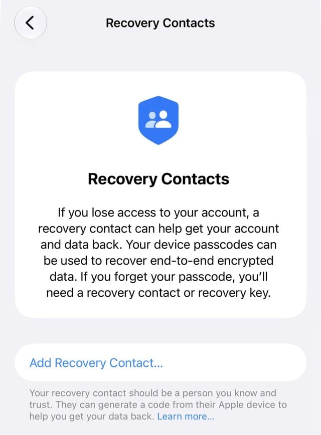 Recovery Contacts screen in iOS 27
