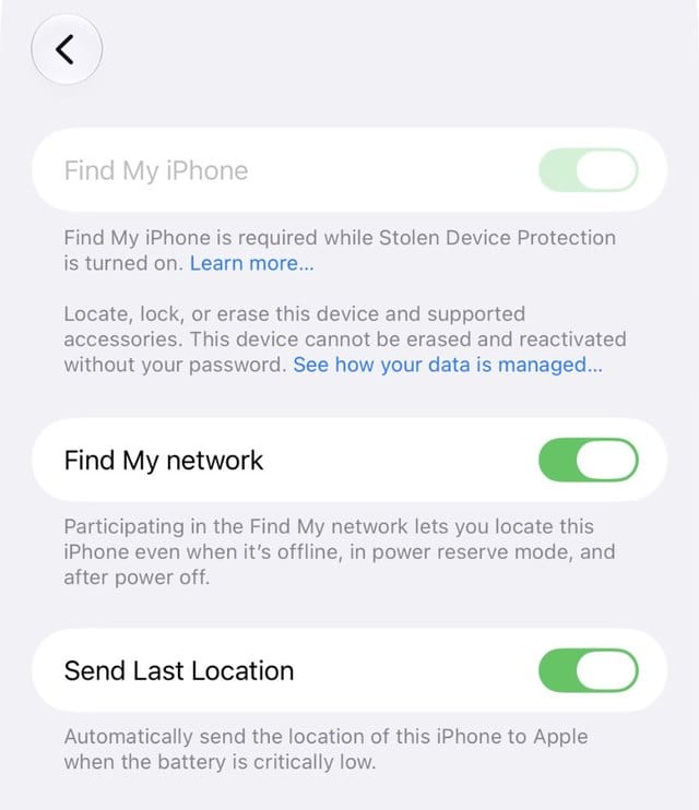 Find My iPhone settings in iOS 27