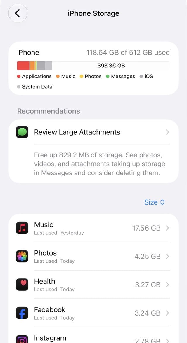 iPhone Storage screen with recommendations in iOS 27