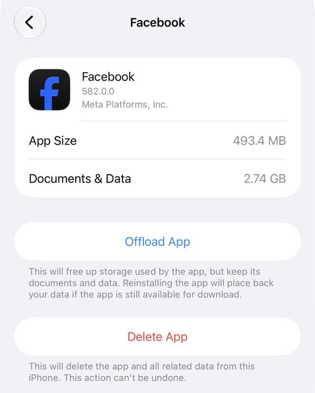 App detail screen with Offload App and Delete App in iOS 27