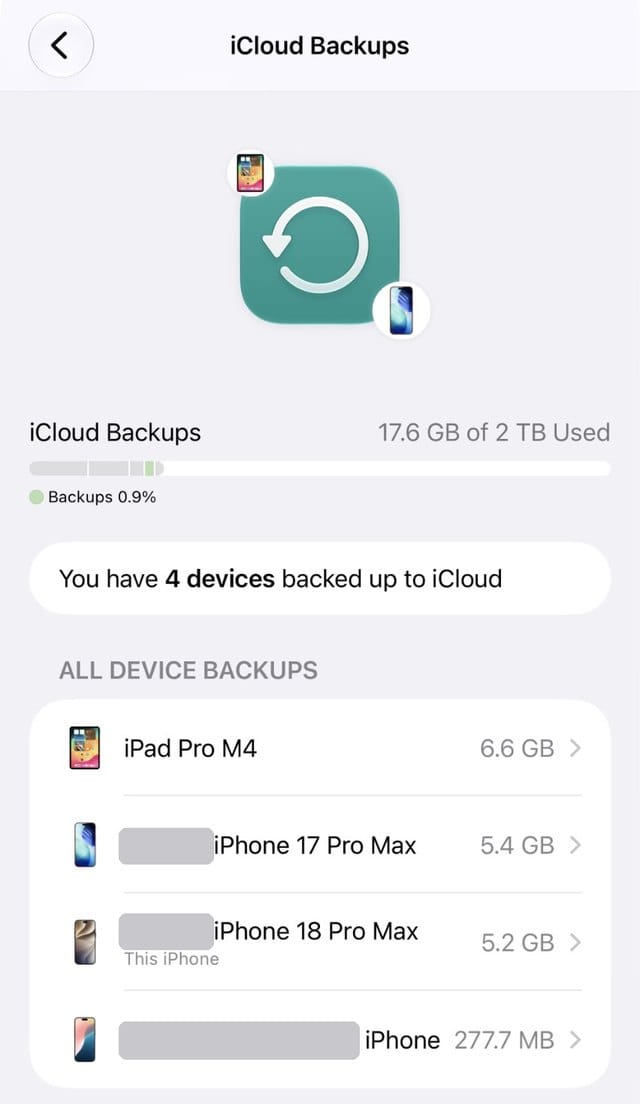 iCloud Backups list in iOS 27