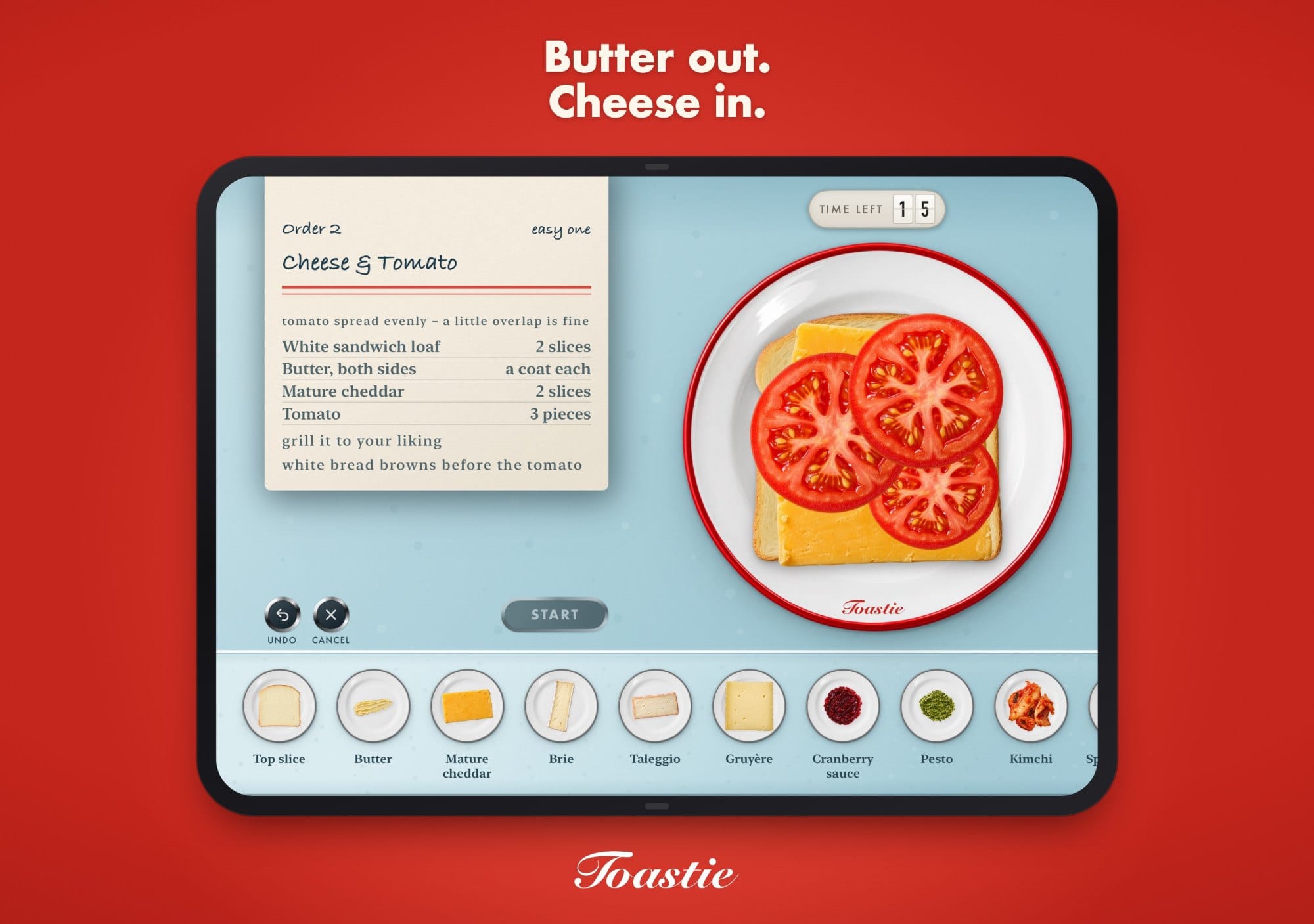 Toastie on iPhone Duo showing an order card and a plate with cheese and tomato