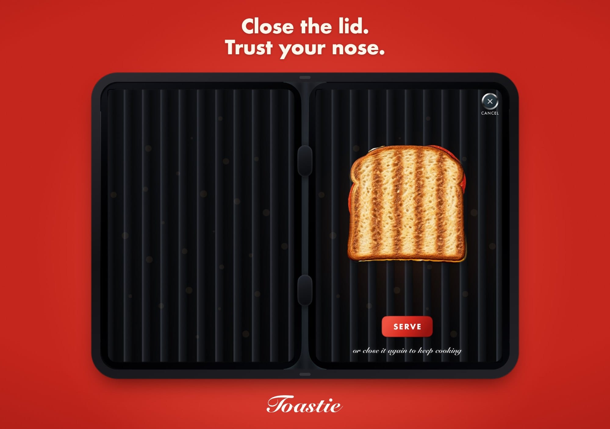 Toastie on iPhone Duo with a sandwich toasting on a black grill and a Serve button