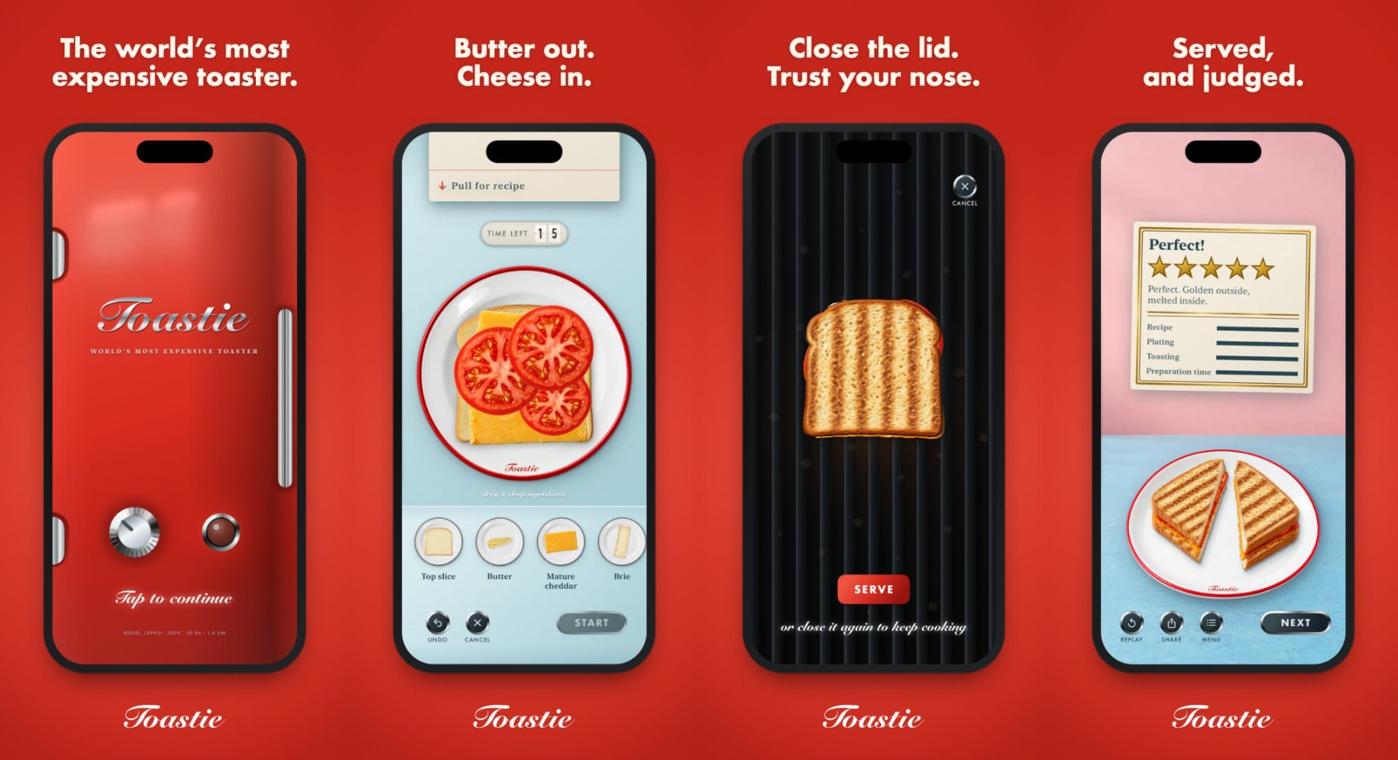 Four Toastie screenshots on iPhone: the toaster lid, building a sandwich, the grill, and a five star score card