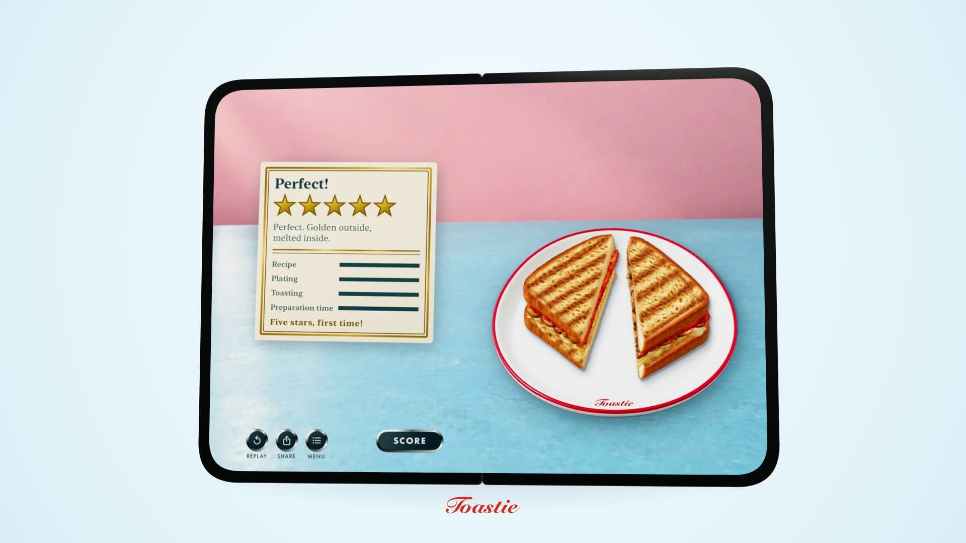 Toastie key art showing an open iPhone Duo with a five star score card and a plated grilled cheese