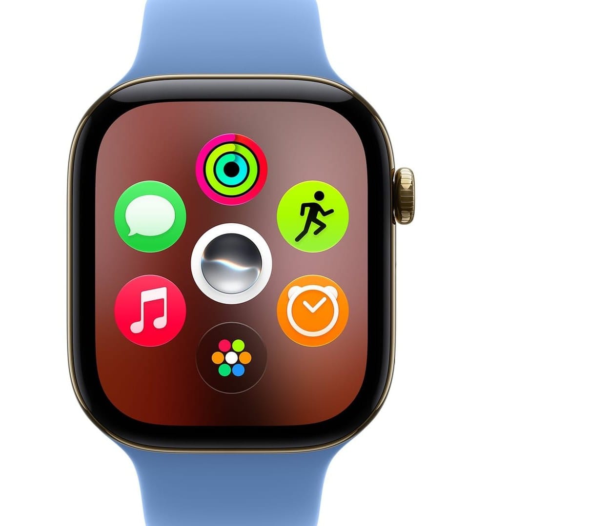 Apple Watch Series 12 in radiant gold titanium showing the dynamic app grid