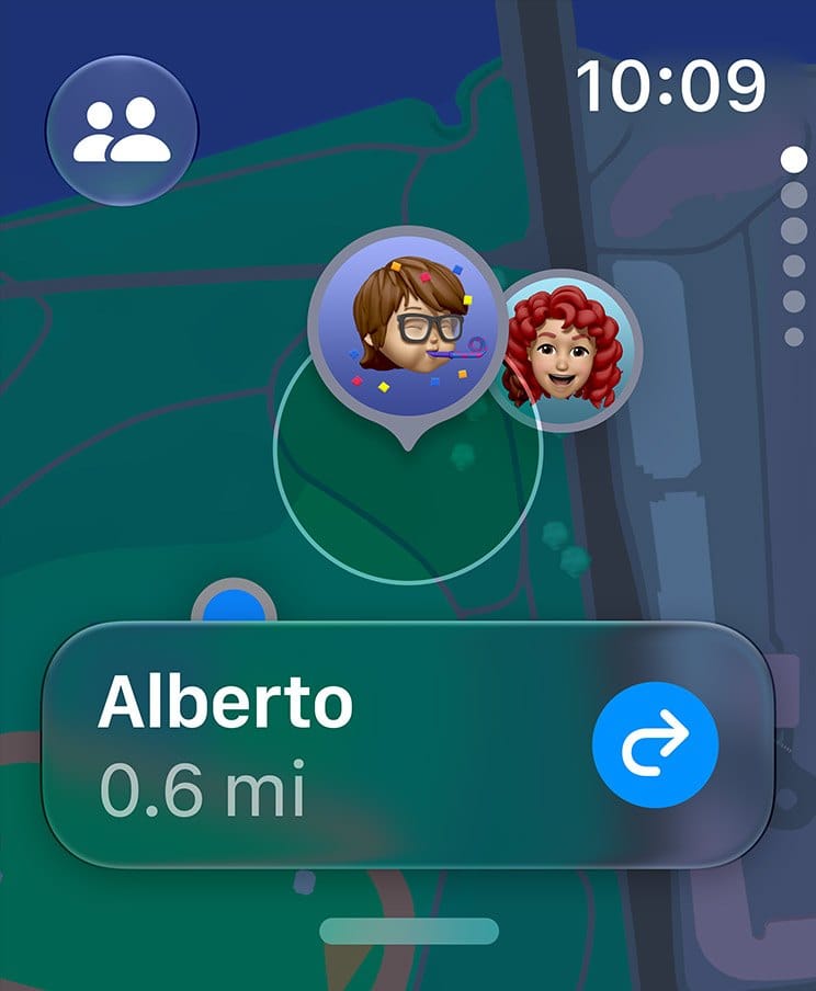 The redesigned Find My app on Apple Watch showing a friend's location on a map