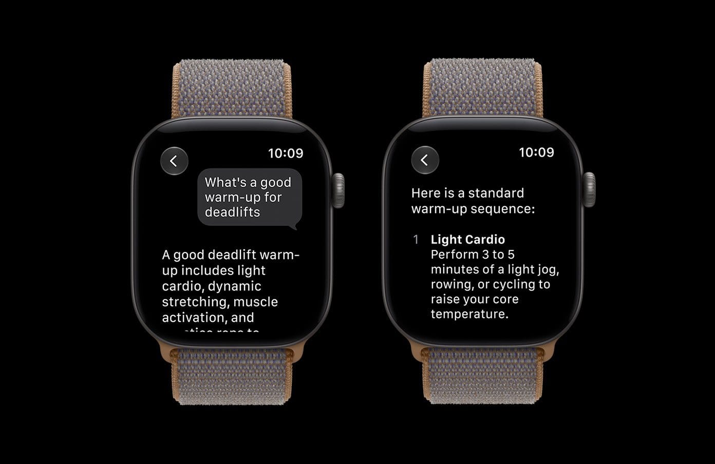 Two Apple Watch screens showing a Siri AI conversation about a warm up routine