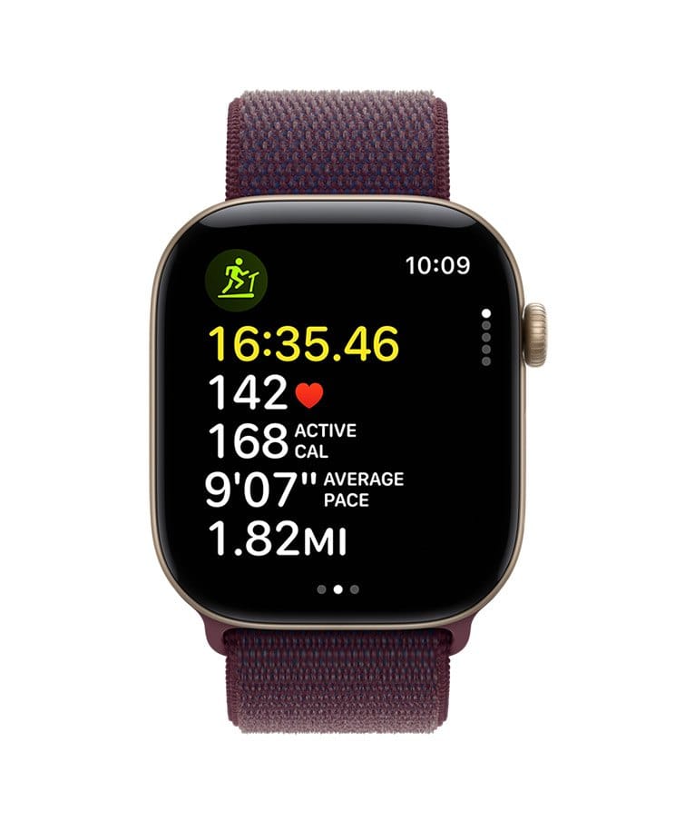 Apple Watch Series 12 showing indoor run metrics including pace and distance