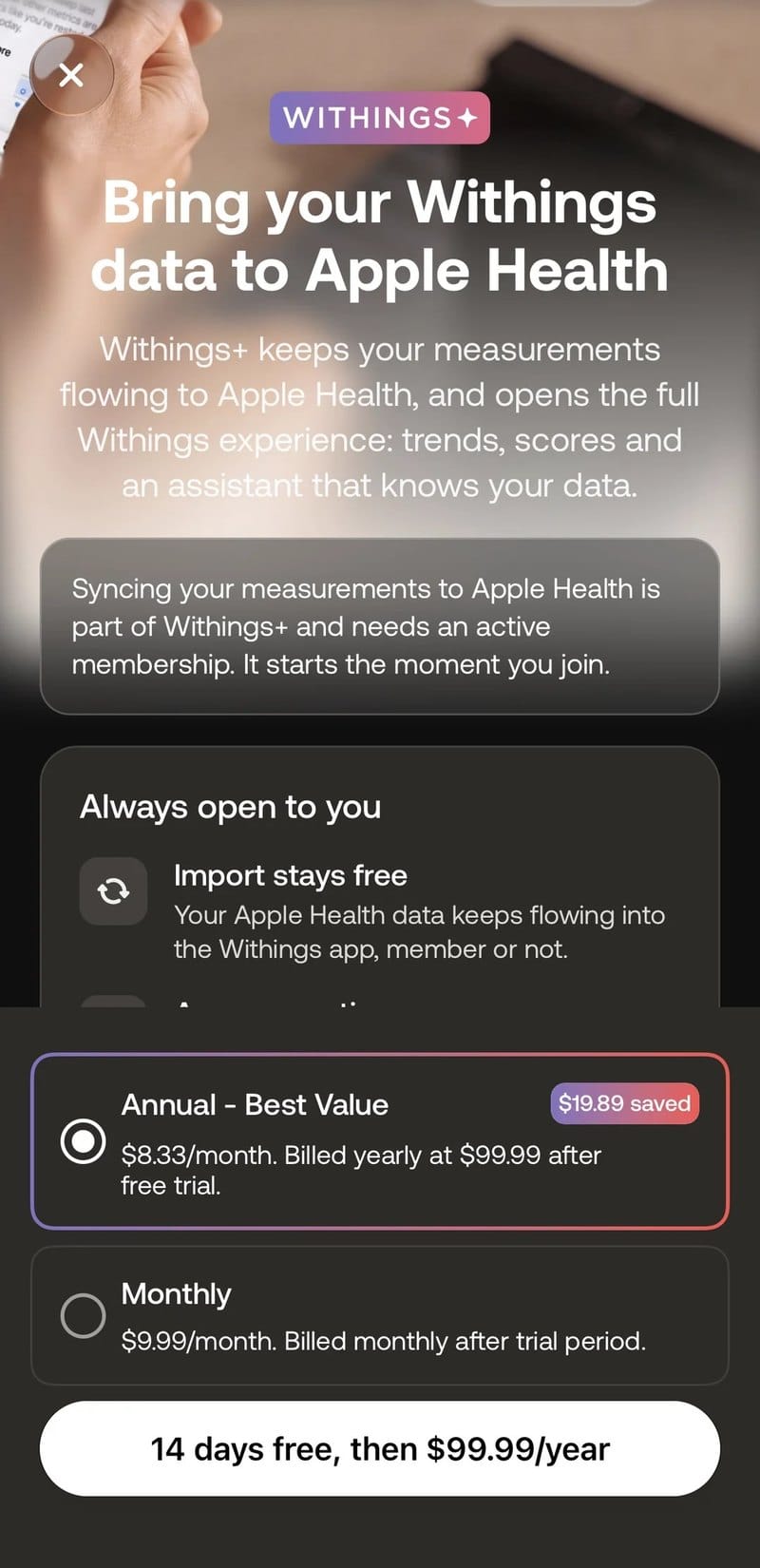 Withings+ paywall in the Withings app saying Apple Health syncing needs an active membership while import stays free