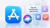 App Store icon beside a glowing Siri AI orb and a speech bubble reading "Hey Siri, find the best app for this," with faded app icons in the background.