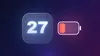 Glowing iOS 27 badge next to a nearly empty battery icon