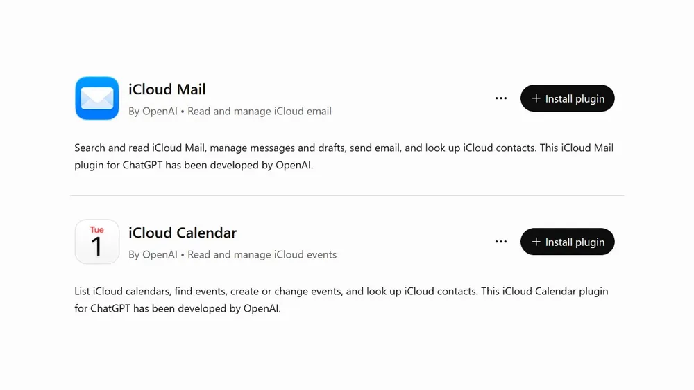 OpenAI's iCloud Mail and iCloud Calendar plugin listings in ChatGPT