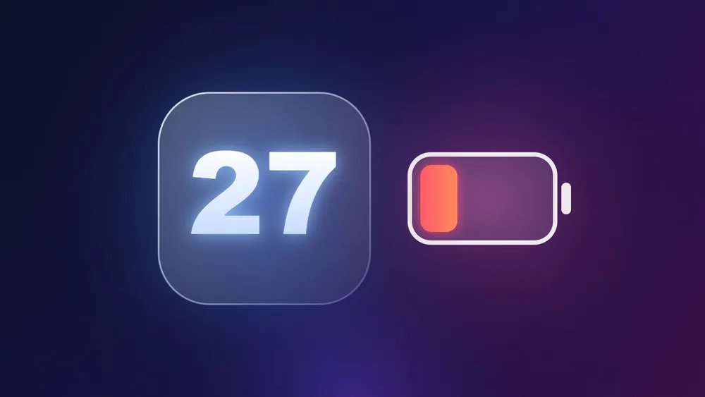 Glowing iOS 27 badge next to a nearly empty battery icon