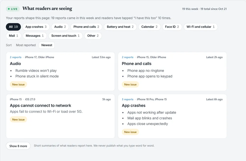 The What readers are seeing feed on the Tech Between the Lines iOS 27 problems tracker