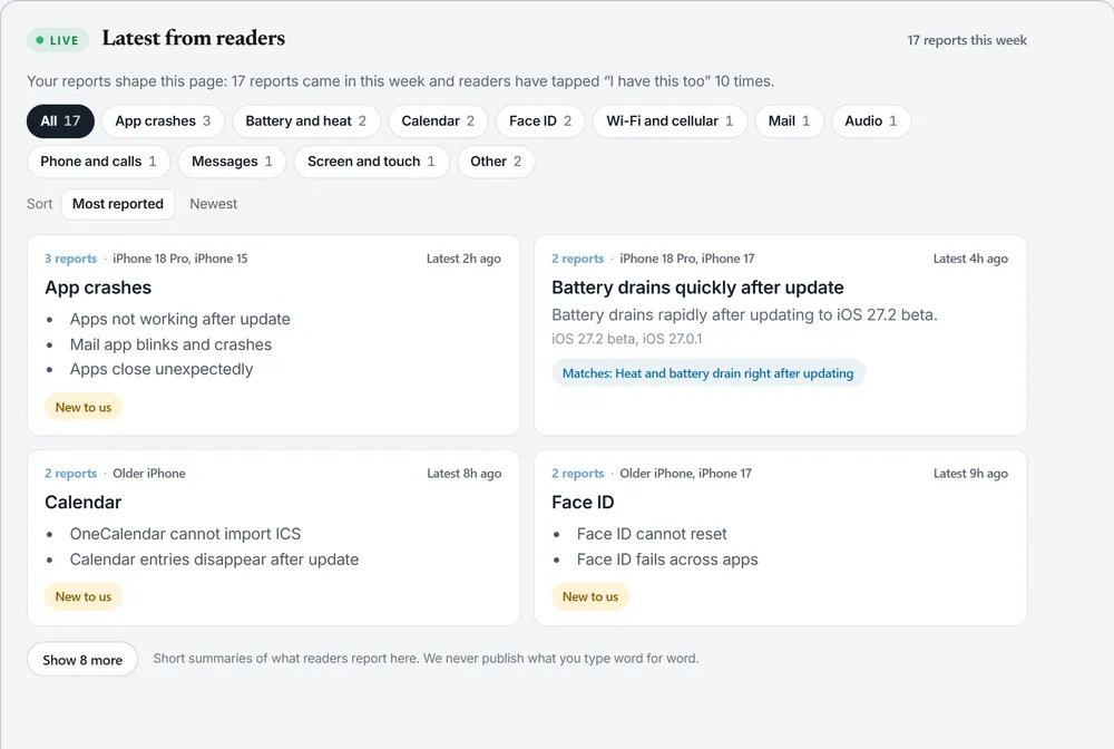 The Latest from readers feed on the Tech Between the Lines iOS 27 problems tracker